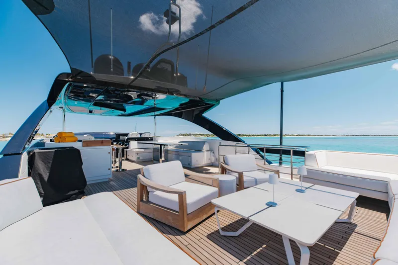 Kiyomizu Yacht Photos Pics Luxurious 2020 Riva 90 Argo yacht deck with modern seating and ocean view.