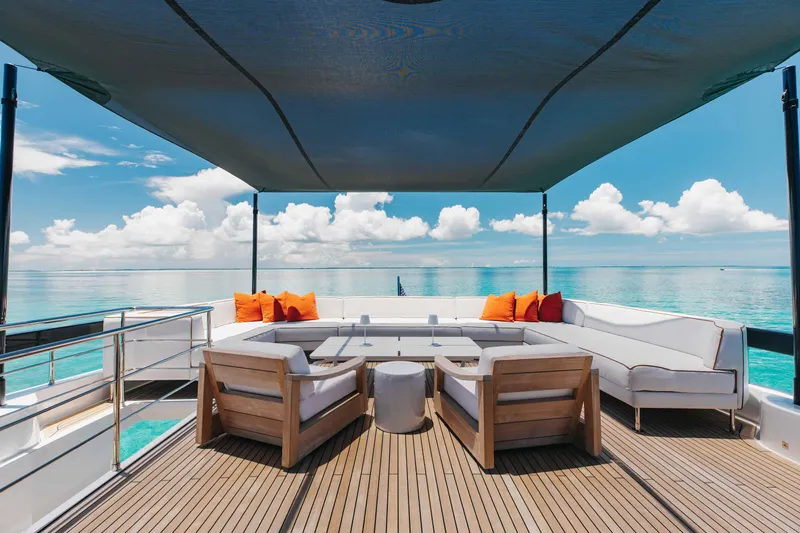 Kiyomizu Yacht Photos Pics Luxurious 2020 Riva 90 Argo yacht deck with seating, ocean view, and canopy.