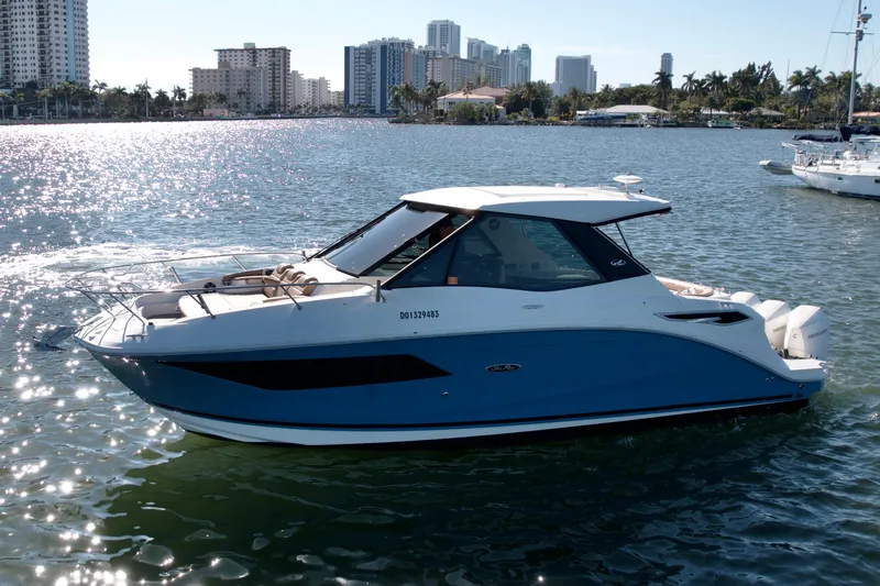  Yacht Photos Pics 2022 Sea Ray Sundancer 320 boat on water with city skyline background.