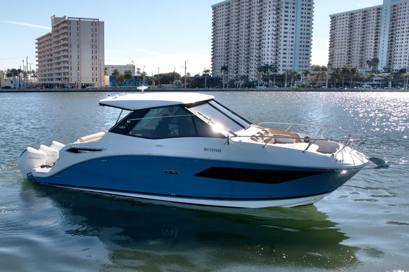  Yacht Photos Pics 2022 Sea Ray Sundancer 320 boat on water with city skyline background.