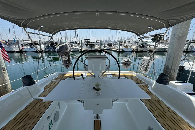 Mi Fuego Yacht Photos Pics Cockpit view of 2017 Beneteau Oceanis 37 yacht docked in marina.