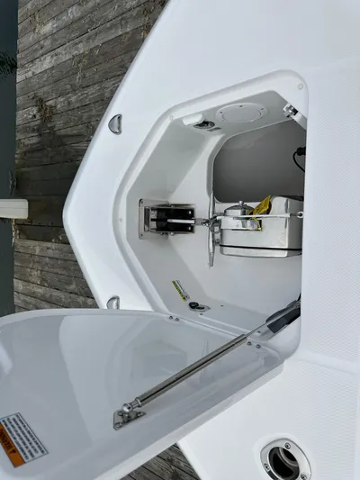  Yacht Photos Pics 2023 Everglades 395 Center Console anchor storage compartment.