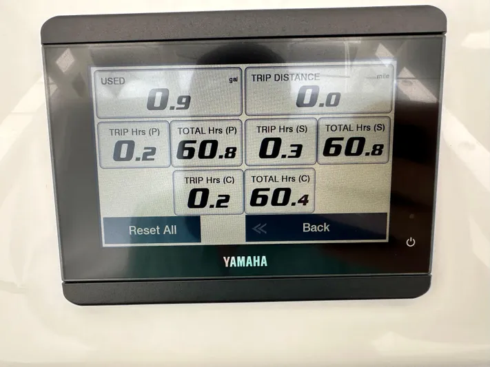  Yacht Photos Pics Yamaha display on 2023 Everglades 395 Center Console showing trip and total hours.