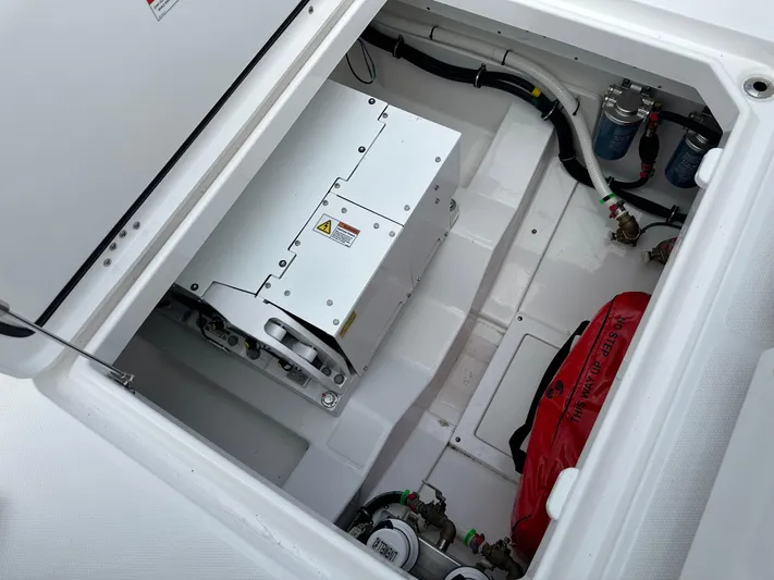  Yacht Photos Pics Engine compartment of 2023 Everglades 395 Center Console boat.