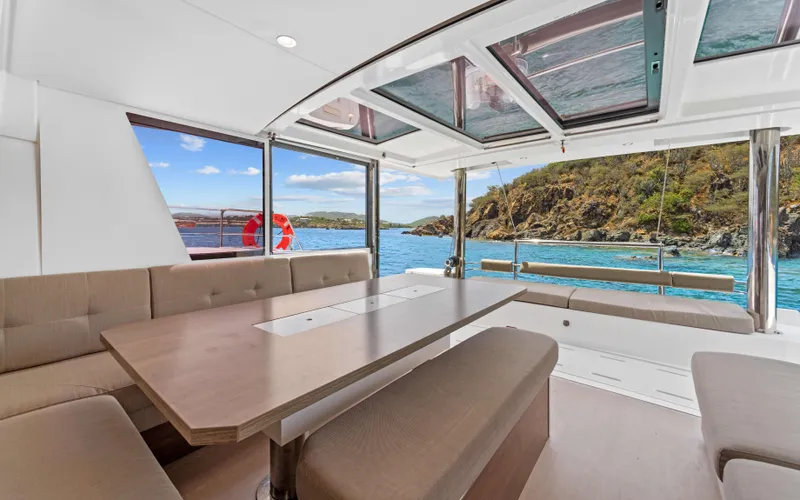 Always Sunday Yacht Photos Pics Luxurious interior of 2022 Bali 4.8 yacht with scenic ocean view.