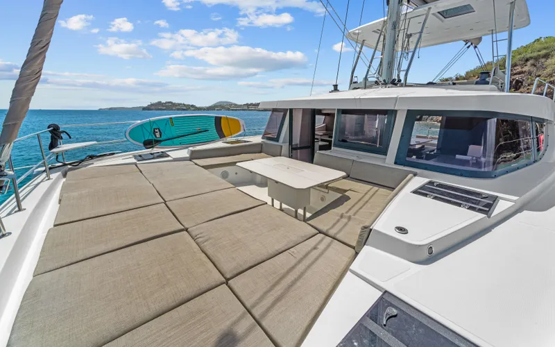 Always Sunday Yacht Photos Pics Luxurious 2022 Bali 4.8 catamaran with spacious deck, sunbathing area, and scenic ocean view.