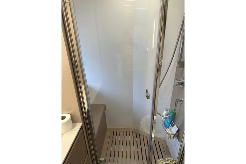 Yacht Photos Pics Bathroom interior of 2021 Azimut Fly 72 yacht with modern shower design.