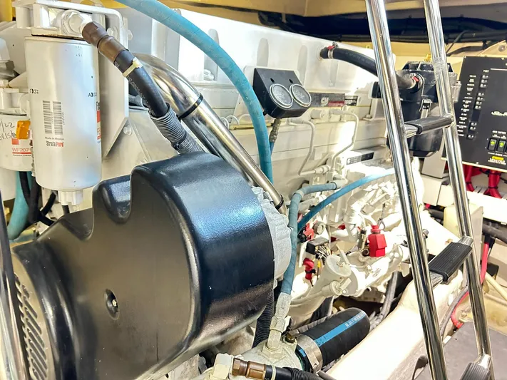 Rock It Yacht Photos Pics Engine room of a 2007 Sea Ray 52 Sundancer yacht, showcasing mechanical components.