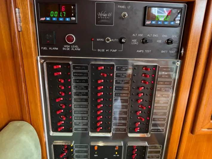 Shearwater Yacht Photos Pics Electrical control panel on a 2008 Hylas 46 yacht, featuring various switches and indicators.