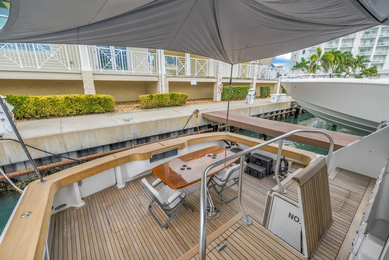 Reel Blonde Yacht Photos Pics 1999 Viking 72 Enclosed Bridge yacht with teak deck and outdoor seating at dock.