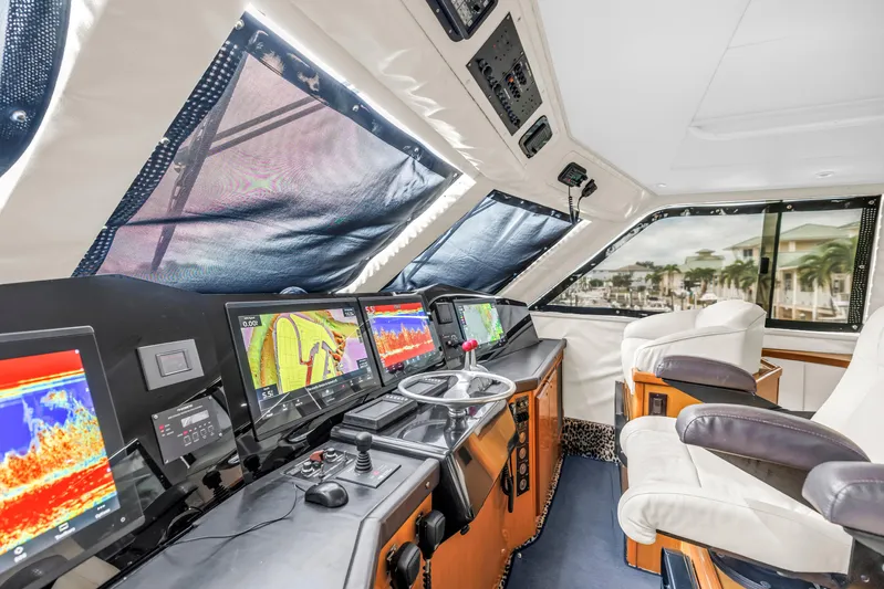 Reel Blonde Yacht Photos Pics Interior of 1999 Viking 72 Enclosed Bridge yacht with advanced navigation systems.