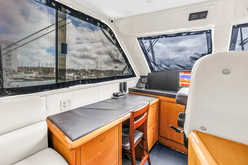 Reel Blonde Yacht Photos Pics Interior of 1999 Viking 72 Enclosed Bridge yacht with navigation equipment and seating.