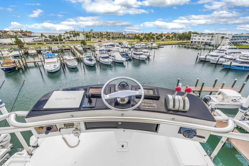 Reel Blonde Yacht Photos Pics 1999 Viking 72 Enclosed Bridge yacht helm with marina view, featuring Garmin navigation.