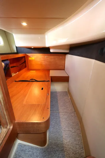  Yacht Photos Pics Interior cabin of 2014 Azimut Magellano 43 yacht with wooden furnishings.