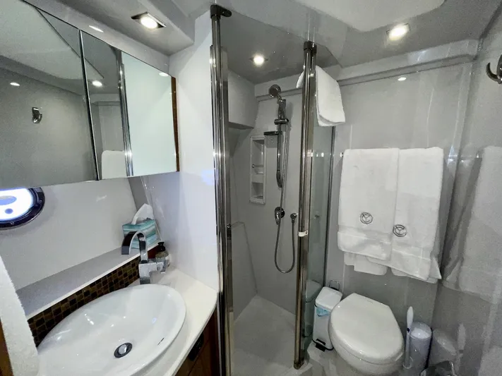 Salacia Yacht Photos Pics Luxurious bathroom in 2018 Cruisers 45 Cantius yacht with modern fixtures and elegant design.