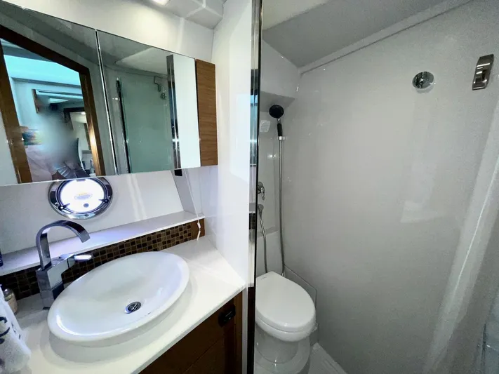 Salacia Yacht Photos Pics Luxurious bathroom in 2018 Cruisers 45 Cantius yacht with modern fixtures and shower.