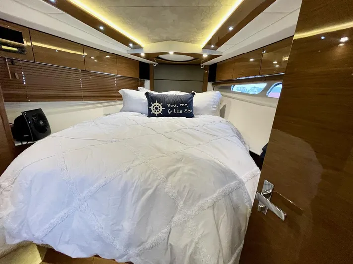 Salacia Yacht Photos Pics Luxurious 2018 Cruisers 45 Cantius yacht bedroom with elegant bedding and ambient lighting.