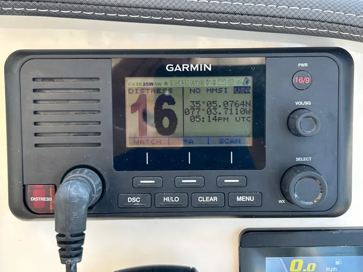  Yacht Photos Pics Garmin marine radio display on 2022 Grady-White 255 Freedom boat, showing distress channel 16.