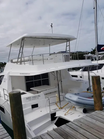 Miss Saigon Yacht Photos Pics 2019 Leopard 51 Powercat docked at a marina.