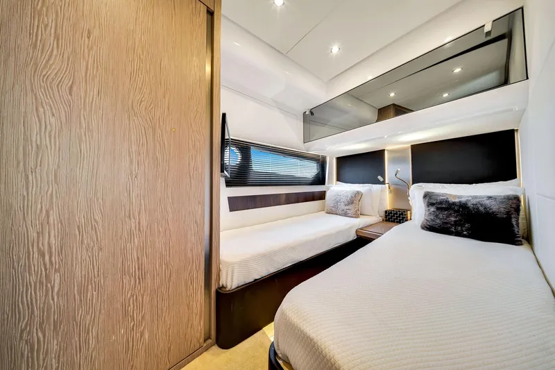 Amf Yacht Photos Pics Luxurious cabin interior of 2021 Azimut S6 yacht with twin beds and modern decor.
