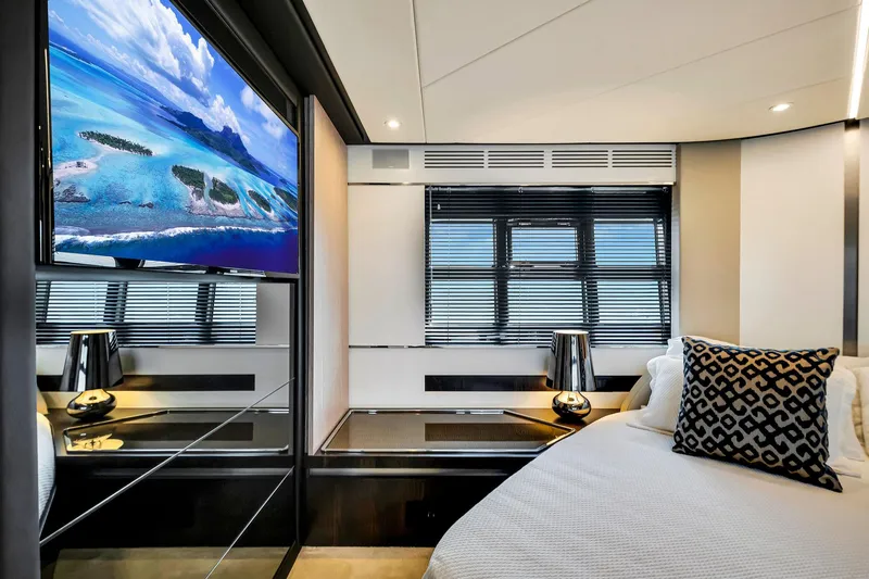 Amf Yacht Photos Pics Luxurious interior of 2021 Azimut S6 yacht with modern decor and scenic view on TV.