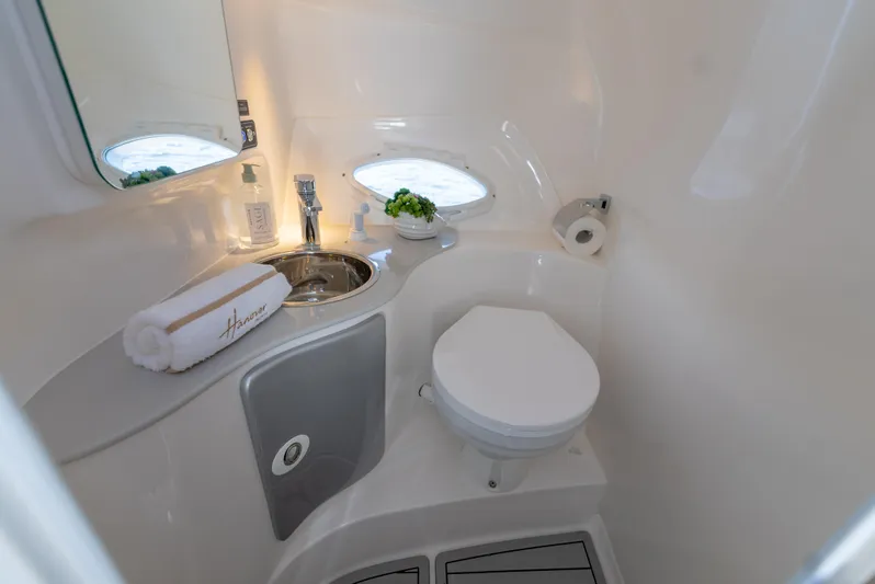 Custom Order Your 305 Today! Yacht Photos Pics 2025 Hanover 305 Outboard boat bathroom with sink, toilet, and mirror.