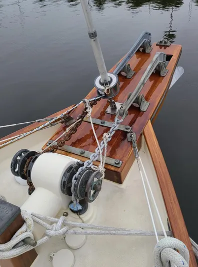 Chantey II Yacht Photos Pics 1989 Covey Island 48 Motorsailor bow with anchor chains and winch system.