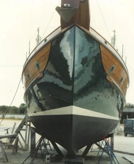 Chantey II Yacht Photos Pics 1989 Covey Island 48 Motorsailor, wooden hull, docked for maintenance.