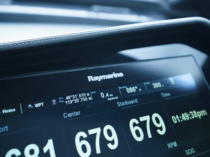 Lakehouse Yacht Photos Pics Raymarine display on 2016 Sea Ray L590 showing navigation and RPM data.