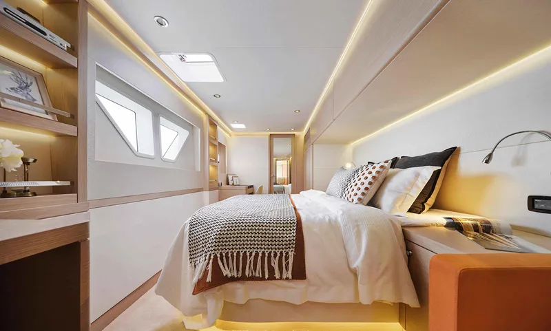 Signature Seaview 59 Yacht Photos Pics Luxurious interior of 2026 Heysea 59 yacht with modern bedroom design and ambient lighting.