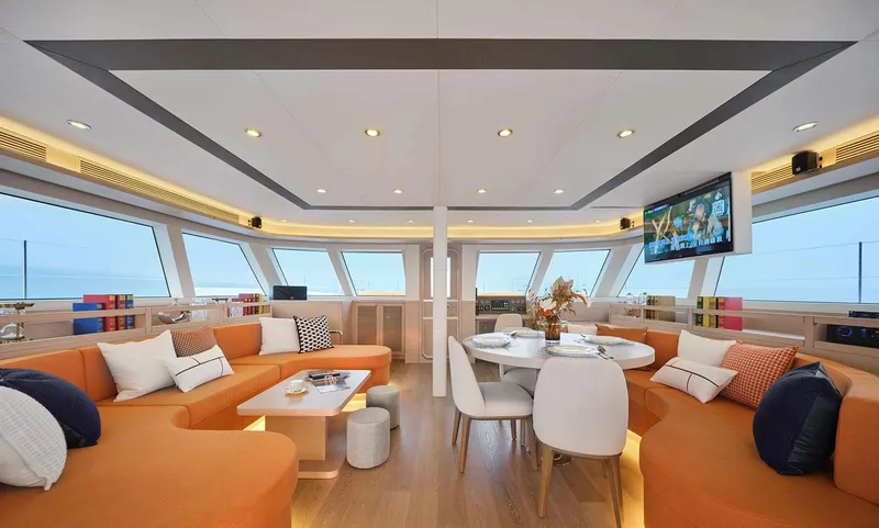 Signature Seaview 59 Yacht Photos Pics Luxurious interior of 2026 Heysea 59 yacht with modern seating and dining area.