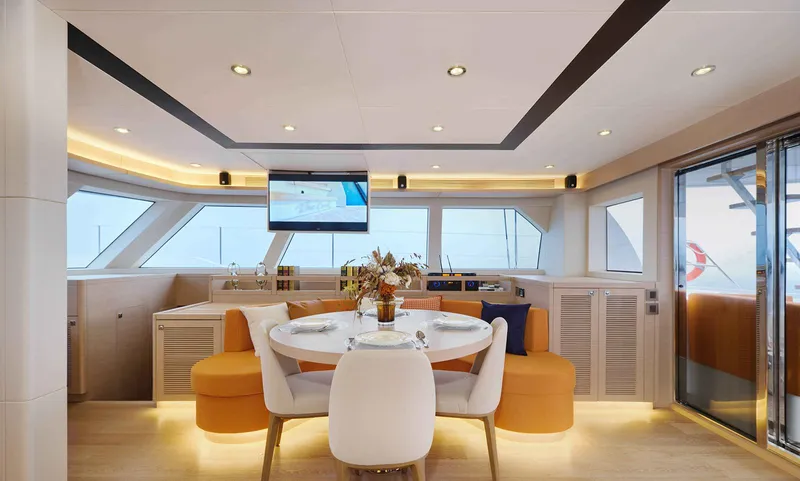 Signature Seaview 59 Yacht Photos Pics Luxurious interior of 2026 Heysea 59 yacht with modern dining area and panoramic windows.