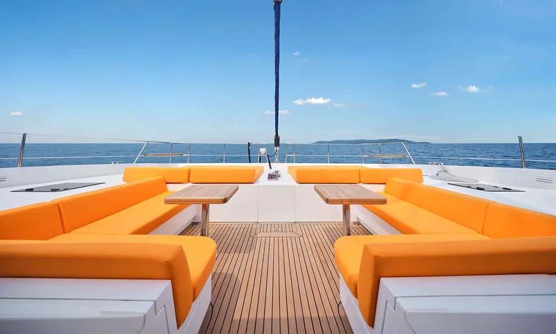 Signature Seaview 59 Yacht Photos Pics Luxurious Heysea 59 yacht deck with vibrant orange seating, ocean view, 2026 model.