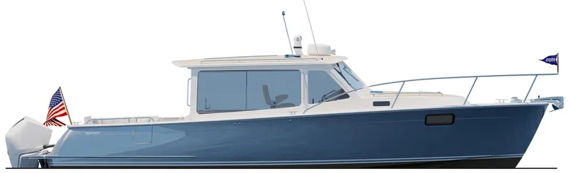  Yacht Photos Pics 2026 MJM 38R boat, sleek design, blue hull, American flag, modern cabin, side view.