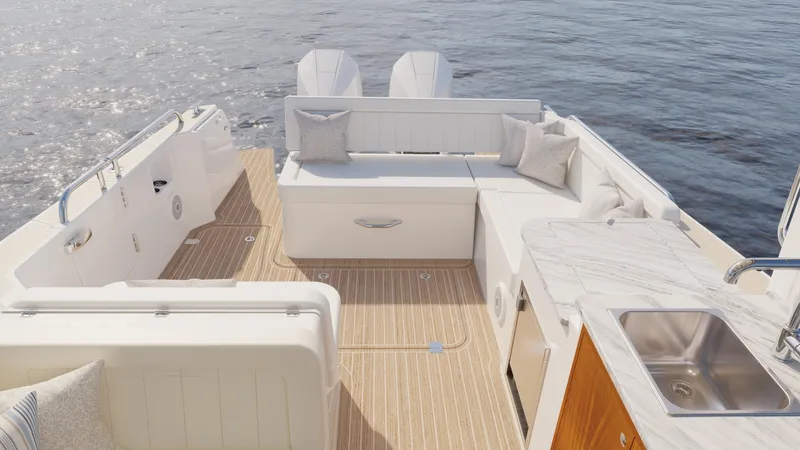  Yacht Photos Pics Luxurious 2026 MJM 38R yacht interior with elegant seating and modern amenities on open water.