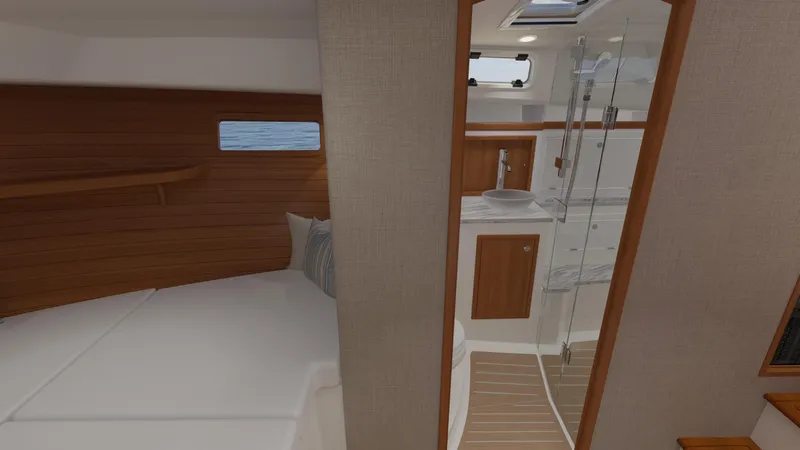  Yacht Photos Pics 2026 MJM 38R yacht interior with modern bathroom and cozy cabin.
