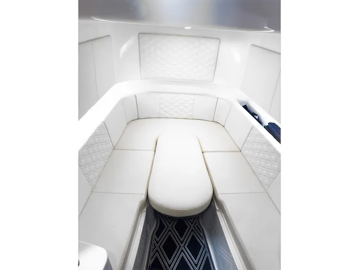  Yacht Photos Pics Luxurious white interior of 2018 Cigarette GTO boat cabin.