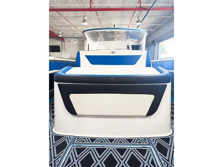  Yacht Photos Pics 2018 Cigarette GTO boat interior with modern design and blue accents.
