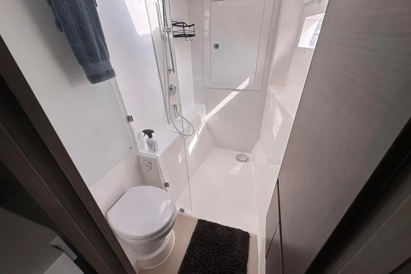 Hamlet Yacht Photos Pics Modern bathroom in 2023 Leopard 46PC yacht with shower and toilet.