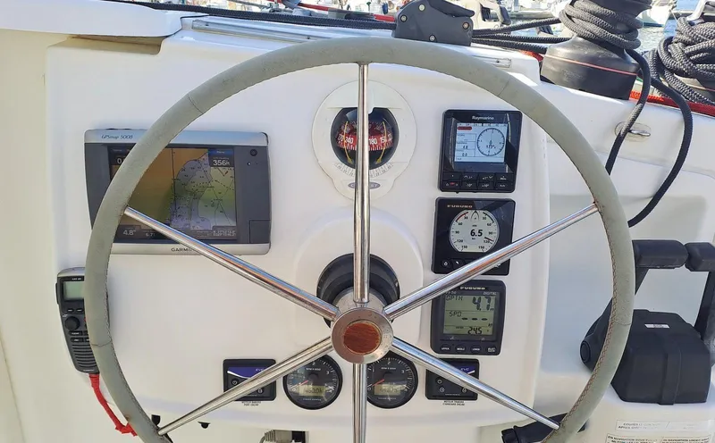  Yacht Photos Pics Steering wheel and navigation instruments on 2011 Fountaine Pajot Lipari 41 catamaran.