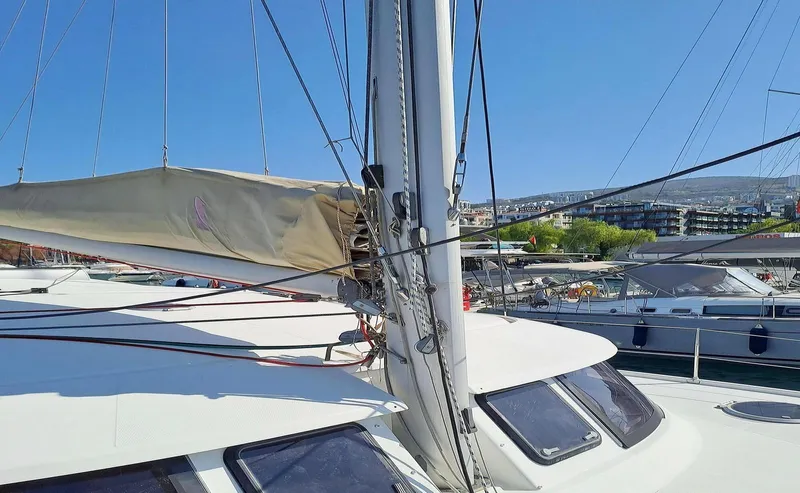  Yacht Photos Pics Fountaine Pajot Lipari 41 catamaran, 2011 model, docked in a sunny marina.