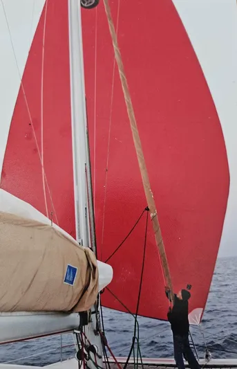  Yacht Photos Pics 2011 Fountaine Pajot Lipari 41 catamaran with red sail on open water.