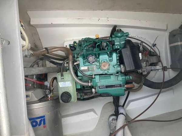 Yacht Photos Pics Engine compartment of a 2011 Fountaine Pajot Lipari 41 catamaran, showcasing mechanical components.