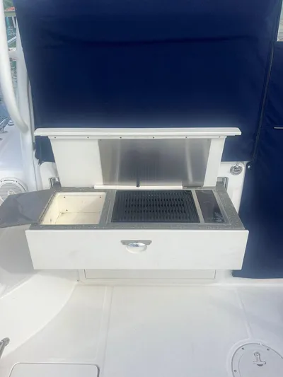  Yacht Photos Pics Outdoor grill on 2016 Boston Whaler 315 Conquest boat deck.