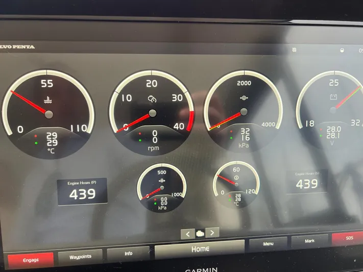  Yacht Photos Pics Instrument panel of a 2020 Princess F45 yacht displaying various engine metrics.