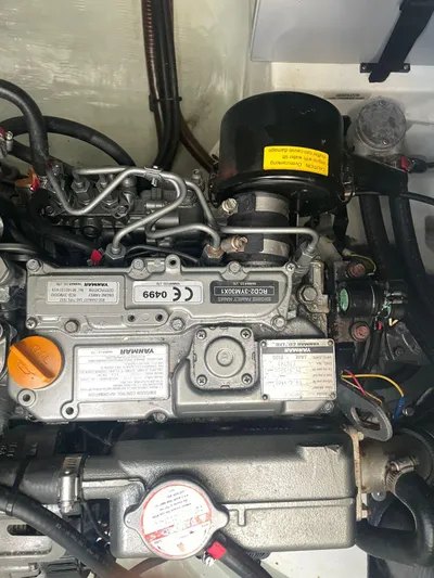 Morning Star Yacht Photos Pics Engine of a 2021 Leopard 40 yacht, showcasing detailed components and labels.