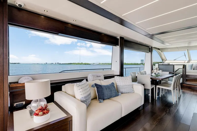  Yacht Photos Pics Luxurious interior of 2021 Sunseeker 76 Yacht with elegant seating and dining area.