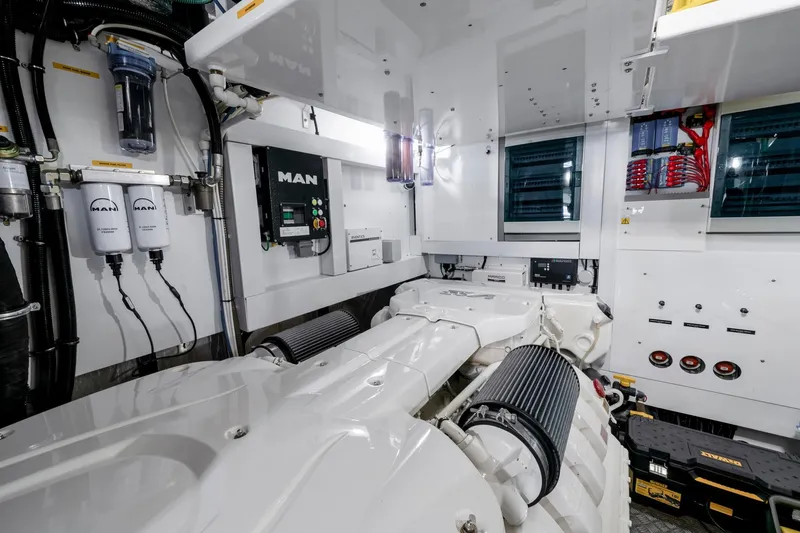  Yacht Photos Pics Engine room of 2021 Sunseeker 76 Yacht with MAN components and advanced systems.