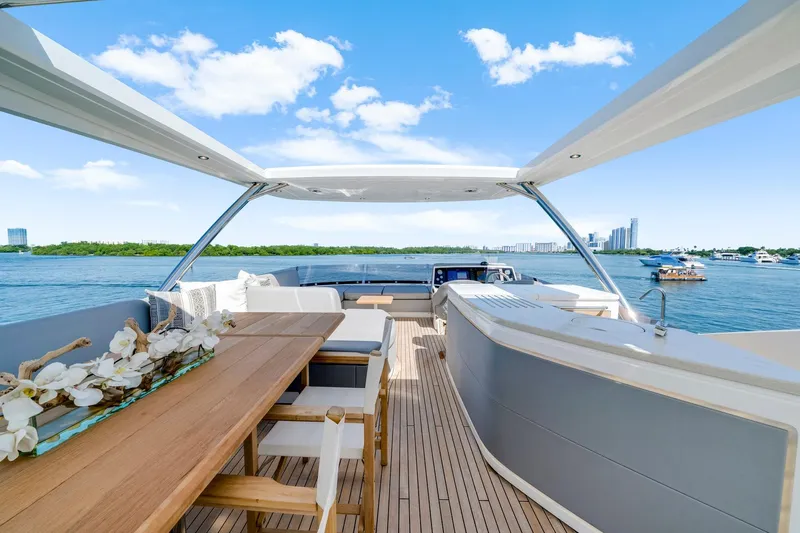  Yacht Photos Pics Luxurious 2021 Sunseeker 76 Yacht deck with elegant seating and scenic ocean view.