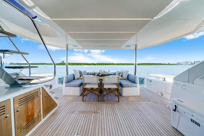  Yacht Photos Pics Luxurious 2021 Sunseeker 76 Yacht deck with elegant seating and scenic ocean view.